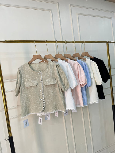 Women Korean Puff Sleeves Round Neck Button Down Tops